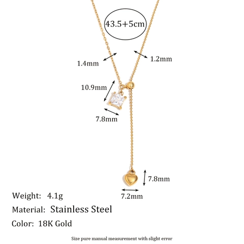 Collar En Y Con Circonita Cuadrada Borla De Corazón Acero Inoxidable Chapado En Oro De 18K Joyería Elegante