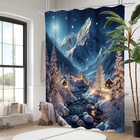 Shower Curtain Waterproof Polyester Winter Snow Scene Christmas Ornament Floral Fabric Washable For Bathroom With Hooks