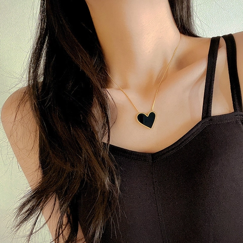 Black Heart Necklace And Earrings Stainless Steel 18K Gold Plated Snake Chain Jewelry Trendy Gift For Women