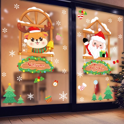 Pegatinas Navideñas Para Ventanas Adherencia Estática PVC Papá Noel Reno Copos De Nieve Doble Cara Decoración De Cristal
