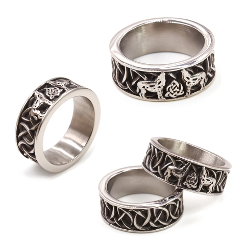 Anello Testa Di Lupo Acciaio Inossidabile 316L Vichingo Nodo Celtico Nordico Retro Punk Gioielli Per Uomo