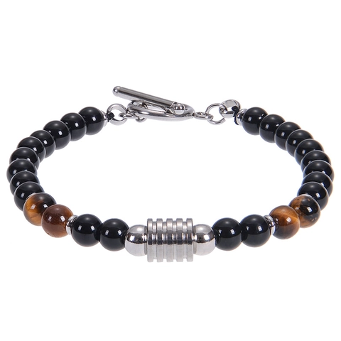 Men Natural Tiger Eye Obsidian Stone Beaded Bracelet With Stainless Steel T-Bar Clasp Fashion Jewelry