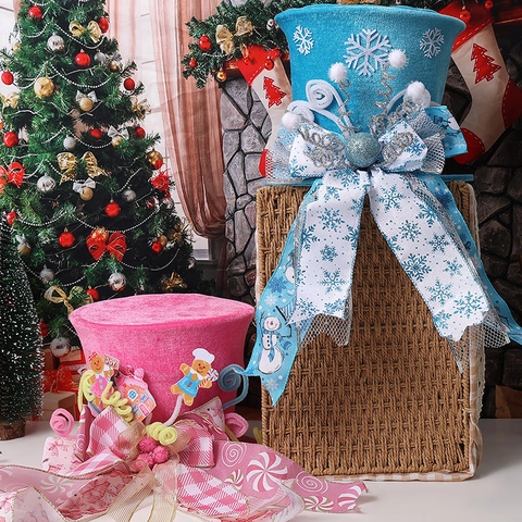 Weihnachtsbaumspitze Zylinder Hut Samt Faltbar Schleife Ornament Lebkuchenmann Schneeflocke Feiertag Party Dekoration