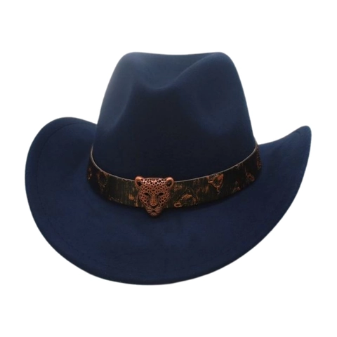 Western Cowboy Hat Vintage Polyester Felt Wide Brim With Leopard Head Buckle Belt Ethnic Jazz Fedora For Adults