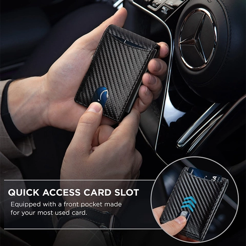 Minimalist Slim Men Wallet Carbon Fiber Texture RFID Blocking Bifold With Stainless Steel Money Clip Card Holder