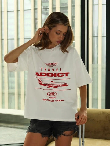 Camiseta Oversize De Algodón Para Mujer Travel Addict Estampado Gráfico Avión Manga Corta Casual Streetwear Top