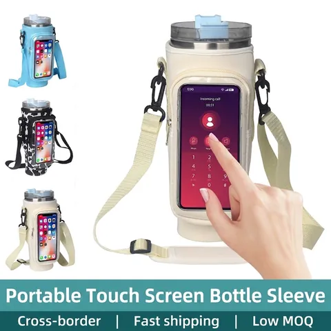 Water Bottle Carrier Bag Neoprene Sleeve With Touch Screen Phone Pocket Adjustable Shoulder Strap For Outdoor Travel