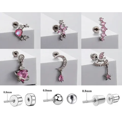 Stainless Steel Helix Piercing Earring Studs With Pink Cubic Zirconia Moon Star Heart Flower Shape For Women