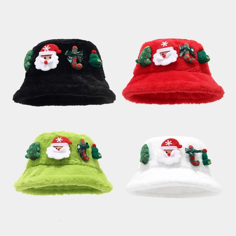 Christmas Bucket Hat Plush Faux Fur Warm Winter Holiday Party Hat With 3D Santa Christmas Tree Decorations