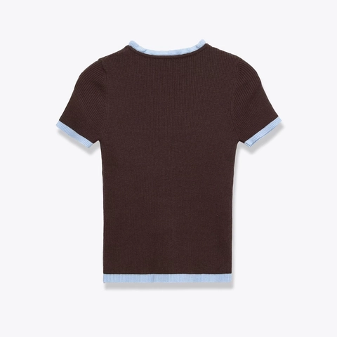 Cardigan In Maglia Donna Manica Corta Poliestere Contrasto Bordo Volant Bottoni Costine Slim Fit Dolce