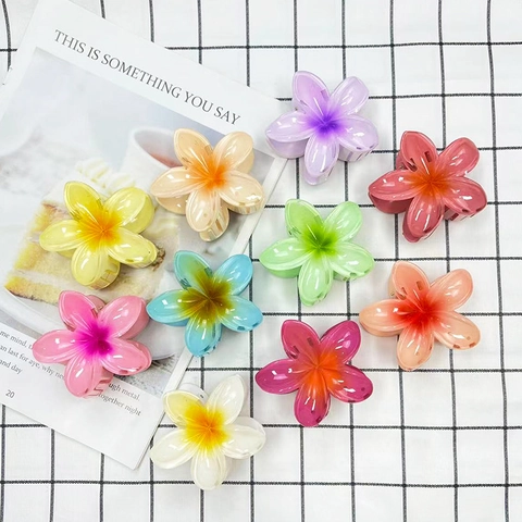 Plumeria Flower Hair Claw Clip Gradient Candy Color Resin Hair Jaw Clamp Vacation Beach Accessory For Women Girls