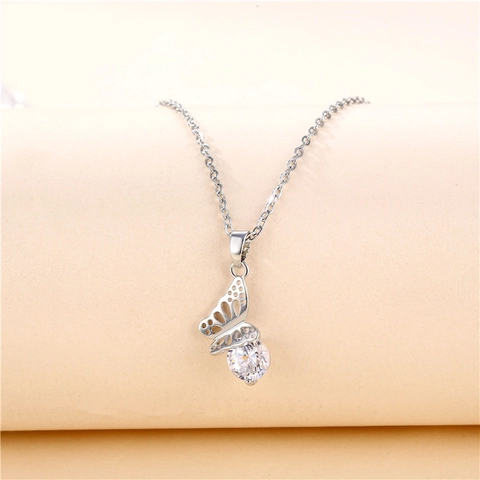 Hollow Butterfly Pendant Necklace Stainless Steel Chain Copper Zircon Elegant Simple Jewelry For Women