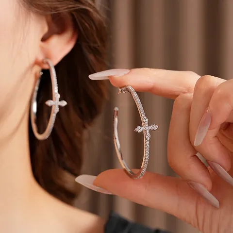 Orecchini Cerchio Grandi Con Croce Rame Zircone Con Perno Argento Sterling 925 Gioielli Moda Minimalista Donne