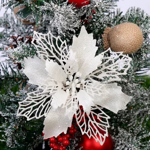Christmas Tree Flower Decoration Glitter Hollow Poinsettia Ornaments For Party Wedding Festival Home Decor