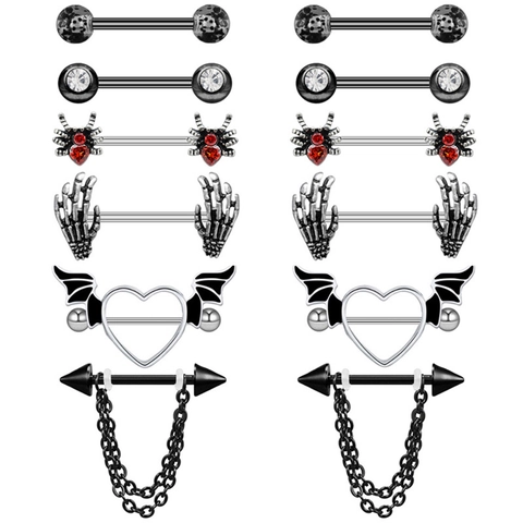 Gothic Nipple Piercing Rings Zinc Alloy Barbell Spider Bat Skeleton Hand Heart Shape Body Jewelry Hip Hop Style Jewelry