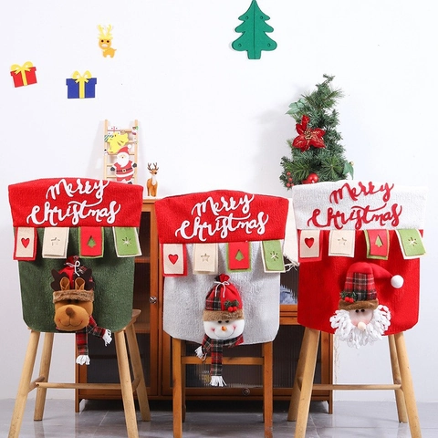 Christmas Chair Back Covers Sequin Linen Non-woven Cartoon Santa Snowman Reindeer Dining Room Holiday Party Decoration