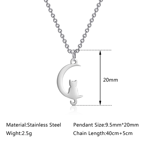 Collar Con Colgante De Gato Y Luna Minimalista Acero Inoxidable Pulido Media Luna Gatito Gargantilla Joyería Para Mujer