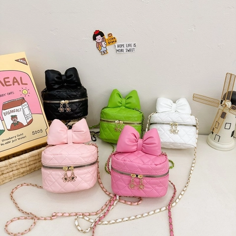 Mini Bolso Bandolera Mujer Cuero PU Acolchado Celosía Lazo Grande Cadena Oro Moda Dulce Bolso De Hombro