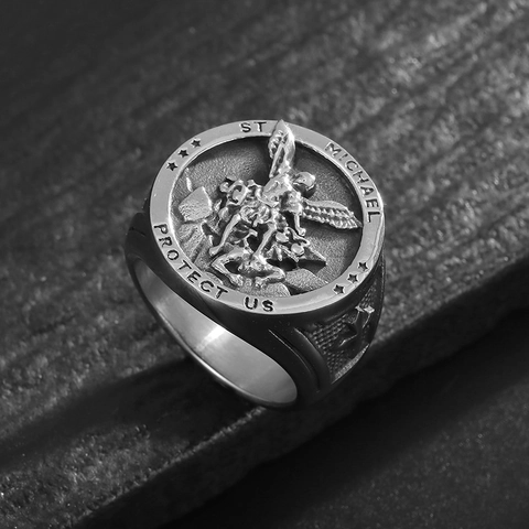 Anello Sigillo Uomo Arcangelo San Michele Acciaio Inossidabile Religioso Hiphop Punk Biker Gioielli Oro Argento