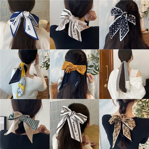 Elegante Foulard Per Capelli Con Fiocco Nastro Lungo Stampa Floreale Pois Raso Fascia Per Capelli Per Donne Ragazze