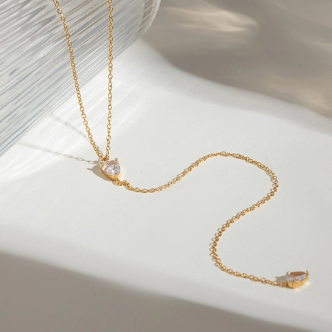Collar En Y Para Mujer Acero Inoxidable Chapado En Oro 18K Colgante Circonita Gota Agua Cadena Larga Minimalista Joyería Elegante