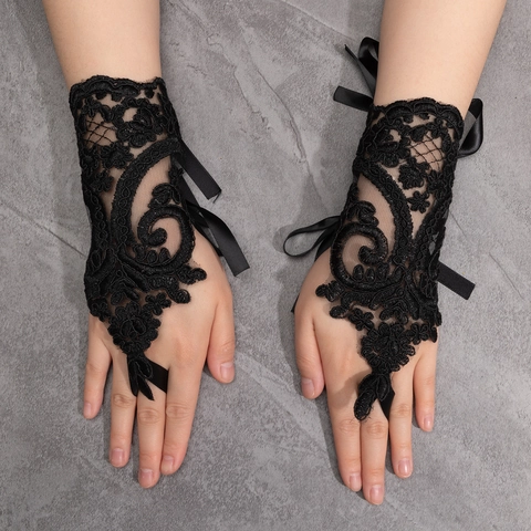 Guantes Sin Dedos De Encaje Gancho Bordado Cinta Satén Lazo Gótico Lolita Boda Novia Fiesta Halloween Accesorios De Disfraces