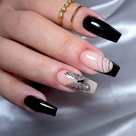 Faux Ongles Longs Cercueil À Presser Motif Papillon Noir Ligne Géométrique Forme Ballerine Ongles Artificiels Avec Strass Style Gothique