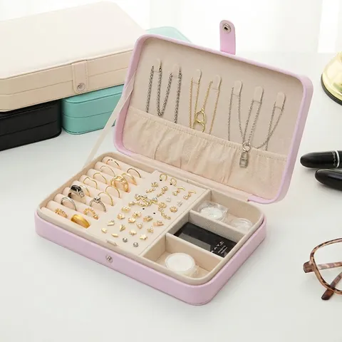 Joyero Portátil de Cuero PU para Mujer Estuche de Viaje para Pendientes Anillos Collares Almacenamiento con Cierre a Presión