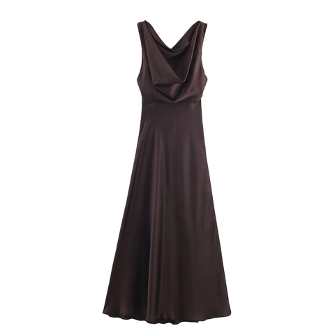 Cowl Neck Satin Maxi Dress Sleeveless Solid Color Elegant Satiny Slip Dress For Women Vacation Party