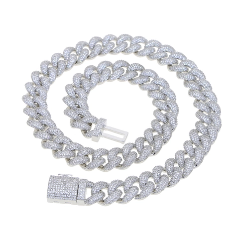 Men Hip Hop Iced Out Cuban Link Chain Necklace Bracelet Copper Full Paved Zircon Rhinestone Silver Color Streetwear Jewelry