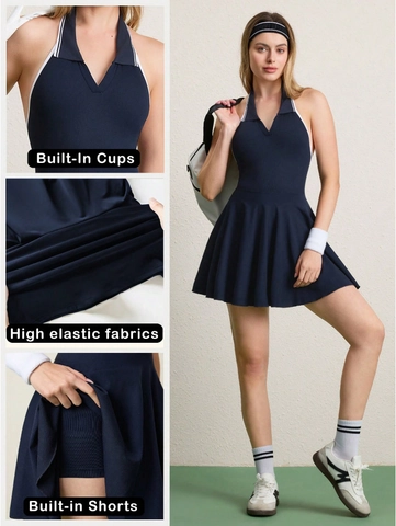 Halter Neck Tennis Dress Backless Pleated Athletic Skirt With Built In Bra And Shorts Nylon Spandex For Women