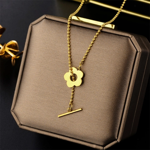 Minimalistische Edelstahl Blume Anhänger Halskette Für Damen Vergoldet Kugelkette OT Knebelverschluss Mode Schmuck Geschenk
