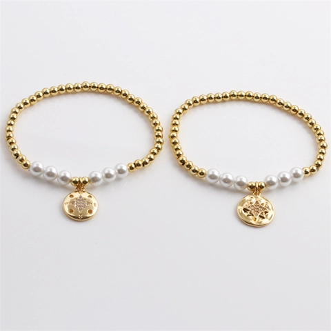 Fashion Beaded Bracelet Copper Gold Round Beads With Artificial Pearls Compass Star Charm Elastic Jewelry For Women Elegant Simple
