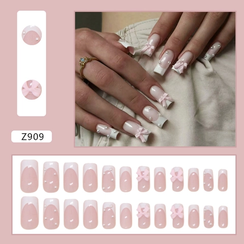 Press On Nails French Tip White Bow Artificial Pearl Decor Artificial False Nails Square Shape Elegant Sweet Fashionable For Women