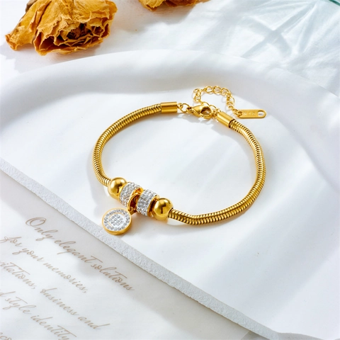 Stainless Steel Snake Bone Chain Bracelet With Rhinestone Round Pendant Gold Plated Adjustable Jewelry For Women
