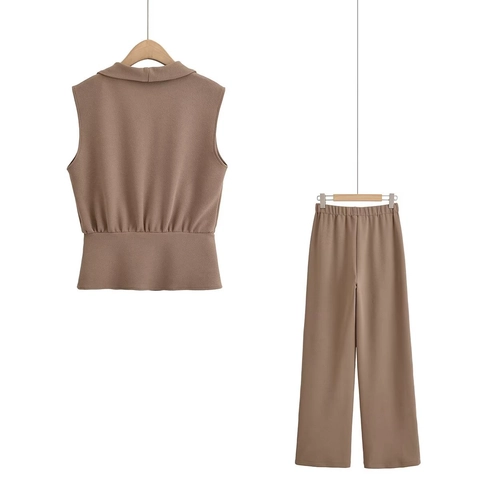Women Elegant Sleeveless V-Neck Top And High Waist Wide Leg Trousers Solid Color Polyester Crepe Textured Casual Apparel