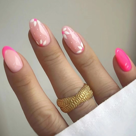 Pink Purple Floral Press On Nails French Tip Almond Shaped Glossy Sweet Artificial Fingernails For Women