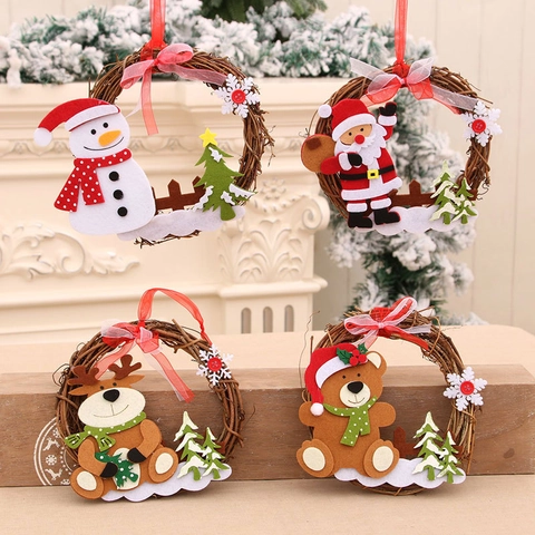 Weihnachts Kranz Rattan Deko Naturholz Filz Weihnachtsmann Schneemann Rentier Bär Cartoon Ornament Für Tür Wand Zuhause