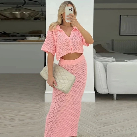 Completo In Maglia All'Uncinetto Da Donna Con Cardigan A Maniche Corte E Gonna Lunga A Vita Alta Vestibilità Slim Elegante