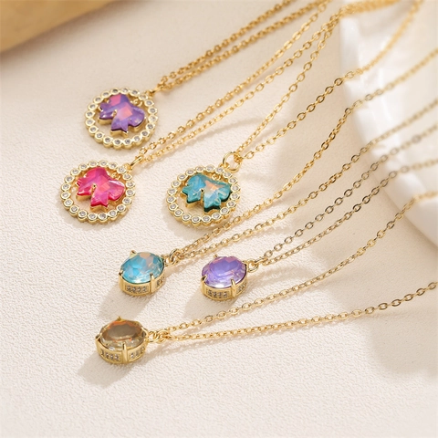 Collana Con Pendente Fiocco Rame Placcato Oro Con Zircone Colorato Gioielli Geometrici Di Moda Per Donne
