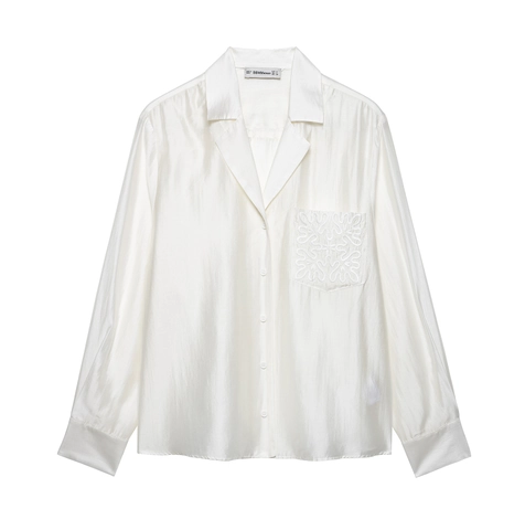 Camicia In Raso Di Acetato E Gonna Asimmetrica Da Donna Manica Lunga Tasca Ricamata Vita Alta Completo Elegante
