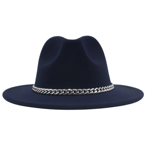 Chapeau Fedora À Bord Large En Feutre De Laine Bonnet Jazz Avec Décoration De Chaîne En Métal Argenté Vintage Rétro