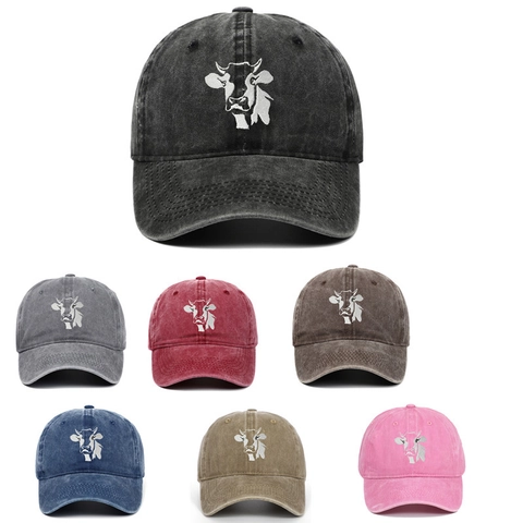 Baseball Cap Washed Cotton Cow Embroidery Retro Distressed Adjustable Sun Protection Outdoor Casual Hat For Men Women