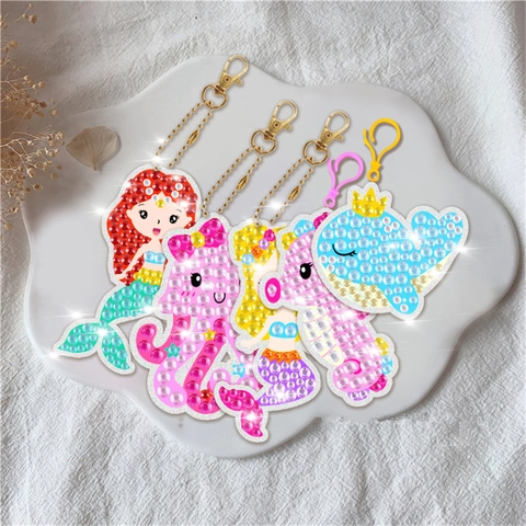 DIY Diamond Painting Keychain Kit Acrylic Resin Rhinestone Metal Plastic Cartoon Mermaid Unicorn For Kids Handmade Gift