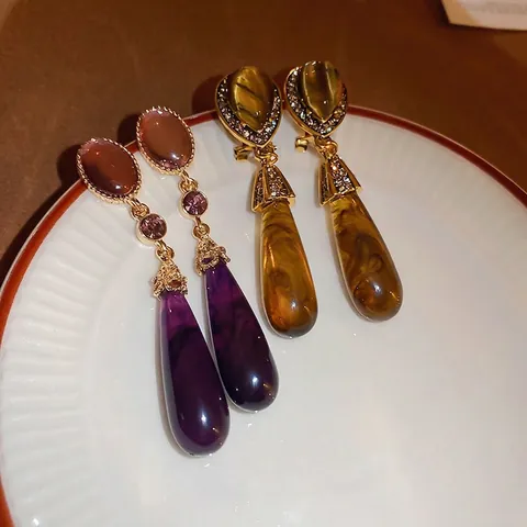 Orecchini Lunghi Pendenti A Goccia Vintage Per Donna Lega Resina Strass Con Perno In Argento 925