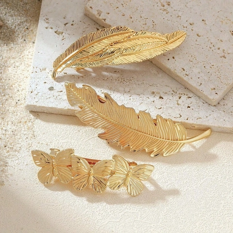 Vintage Metal Hair Clips Elegant Gold Feather Leaf Butterfly Shape Side Clips For Women Minimalist Fashion Hairpins