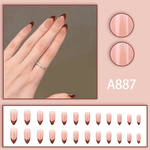 Französische Leopard Almond Press On Nägel Nude Rosa Glänzend Künstliche Falsche Nagelspitzen Für Frauen Elegante Maniküre