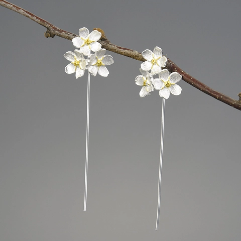 925 Sterling Silver Forget-Me-Not Flower Dangle Earrings For Women Handmade Sandblasting Floral Long Earrings Jewelry