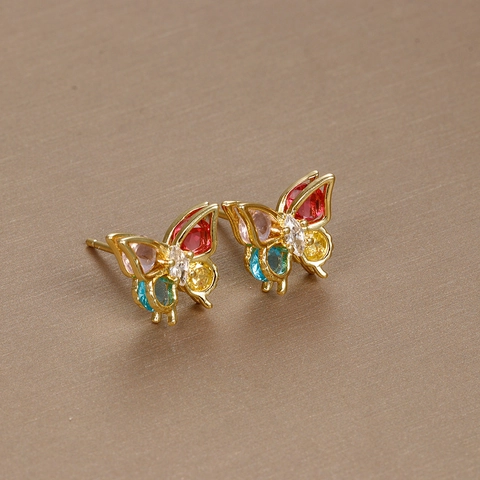 Colorful Butterfly Zircon Stud Earrings With 925 Sterling Silver Earring Post Gold Plated Copper Sweet Jewelry