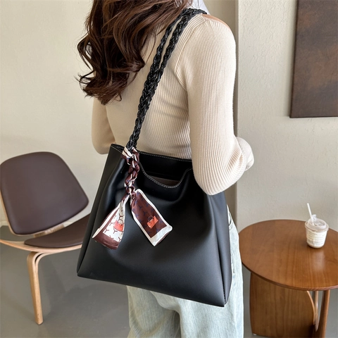 Borsa Tote In Pelle PU Grande Capacità Con Manici Intrecciati E Sciarpa Decorativa Borsa A Spalla Retro Ufficio Donna